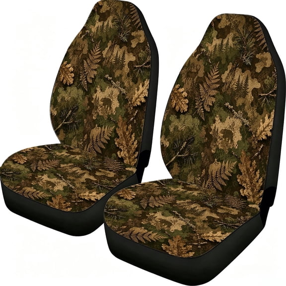 Verolix 2-Pack Front Car Seat Covers for Cars Trucks Suvs Pickup Trucks, Mesh Fabric Bucket Seat Protectors, Dark Brown Olive Woodland Leaf Print Auto Interior Covers, Universal Fit Front Seats