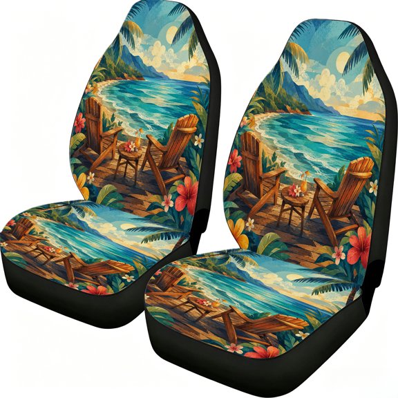 Verolix 2-Piece Front Car Seat Covers, Retro Tropical Beach Sunset Print, Breathable Mesh Fabric Seat Protectors for Cars, Trucks and Suvs