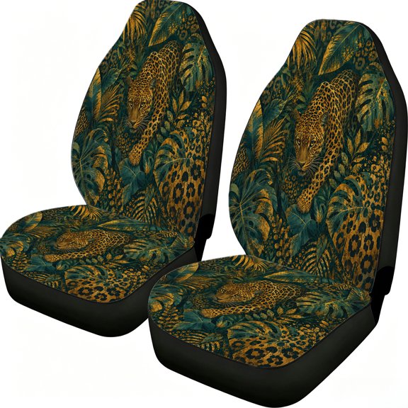 Verolix 2-Piece Leopard Jungle Car Seat Covers, Breathable Mesh Fabric Front Bucket Seat Protectors with Tropical Leaf and Animal Print, Interior Accessories for Cars, Trucks, Vans and SUVs