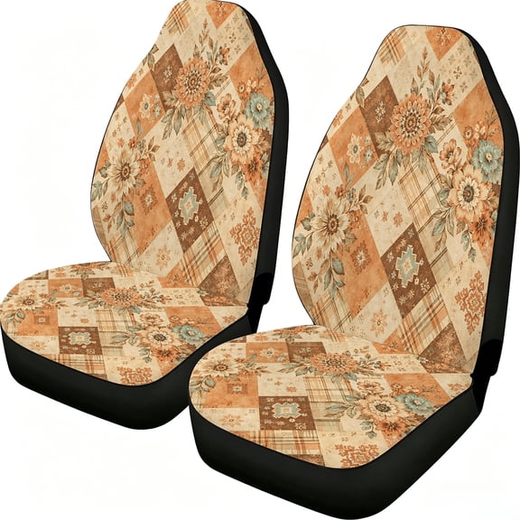 Verolix 2-Piece Rustic Floral Patchwork Car Seat Covers, Mesh Fabric Universal-Style Front Seat Protectors for Cars, Pickup Trucks and Trucks