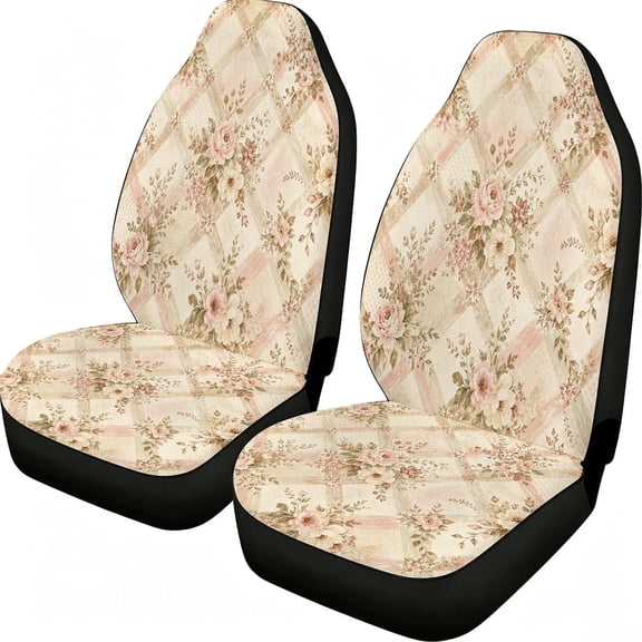 Verolix 2-Piece Vintage Floral Plaid Car Seat Covers, Mesh Fabric Front Seat Protectors for Cars, Pickup Trucks and Trucks, Rustic Cottage Decor