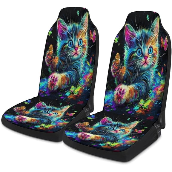 Verolix 2PCS Universal Front Car Seat Covers, Colorful Cat Print Automotive Seat Protector, Mesh Fabric Seat Covers for Cars, SUVs, Vans and Trucks, Breathable Interior Accessories