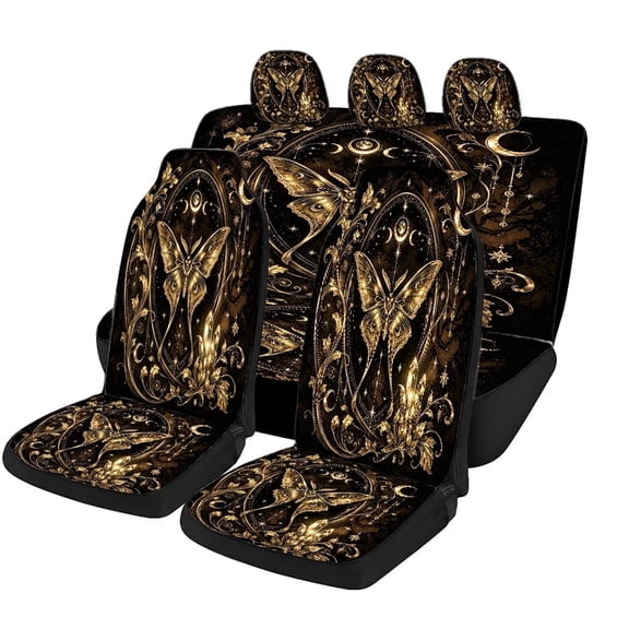 Verolix 5-Piece Mesh Fabric Car Seat Cover Set for Trucks, Cars, Vans and SUVs, Golden Butterfly Moon Floral Print, Breathable Protective Covers for Front and Rear Seats