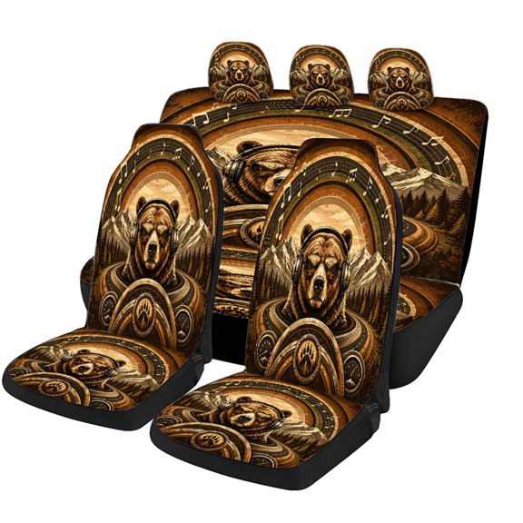 Verolix 5PCS Bear Adventure Car Seat Covers, Wilderness Road Trip Print Full Set Seat Covers, Mesh Fabric Auto Seat Protectors for Cars SUVs Trucks Vans