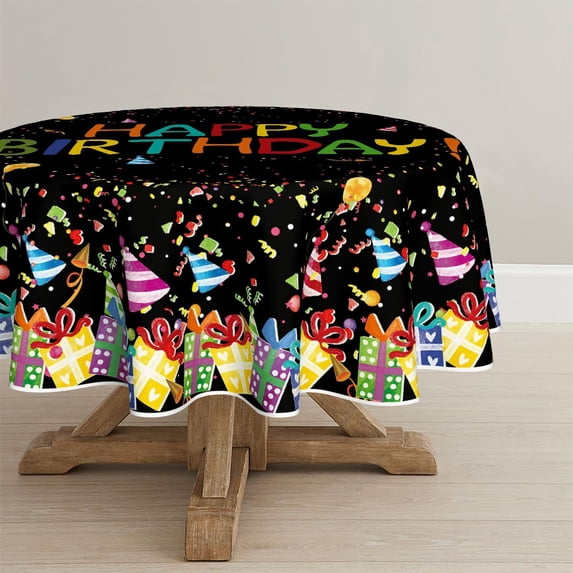 Verolix Birthday Party Round Tablecloth 60 Inch, Celebration Table Cover with Gift and Balloon Pattern