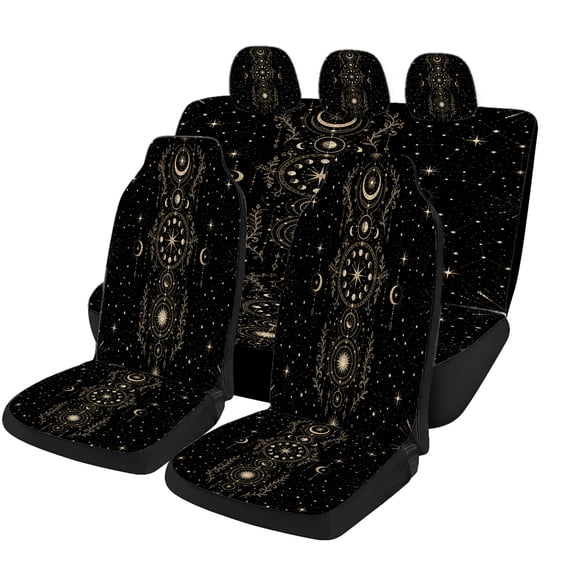 Verolix Black Gold Celestial Car Seat Covers Full Set Mesh Fabric Universal Front Rear Seat Covers Moon Phase Star Constellation Print Easy Install Auto Interior Accessories for Cars Suvs Trucks Vans
