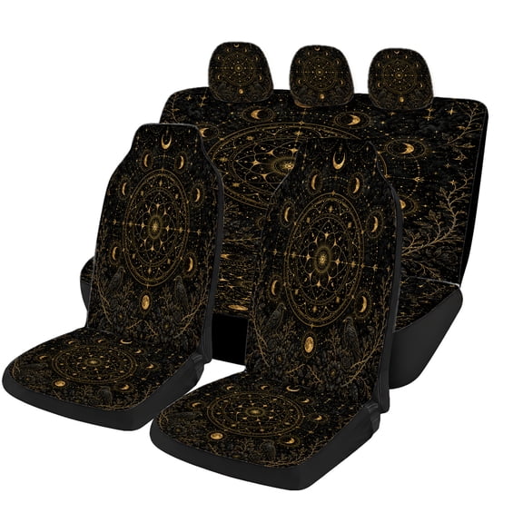 Verolix Black Gold Celestial Raven Car Seat Covers 5-Piece Full Set, Mesh Fabric Universal Fit Automotive Seat Covers for Cars SUVs Trucks Vans, Moon Phase Star Interior Seat Protectors