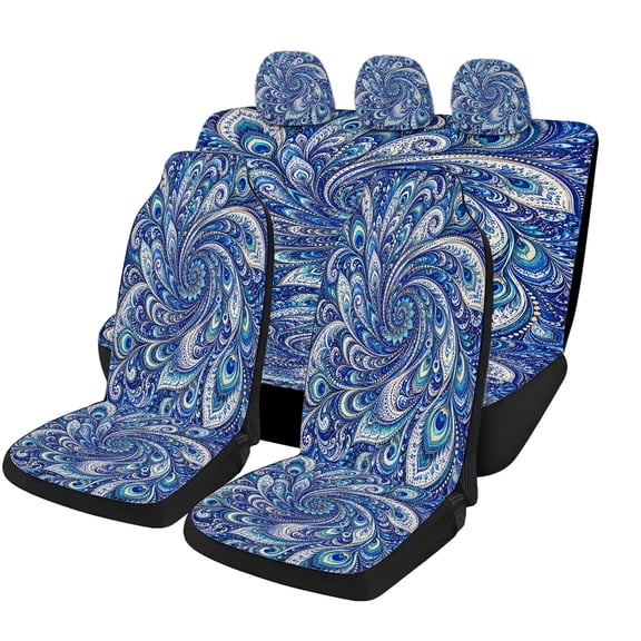 Verolix Blue Feather Paisley Mandala Car Seat Covers Full Set, Mesh Fabric Universal Fit Front Rear Seat Protectors, Decorative Auto Interior Covers for Cars SUVs Trucks Vans