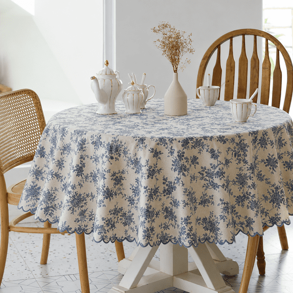 Verolix 60 inch Round Tablecloth, Featuring Blue Floral Botanical Pattern, Made from Polyester Fabric for Dining Kitchen Home Decor