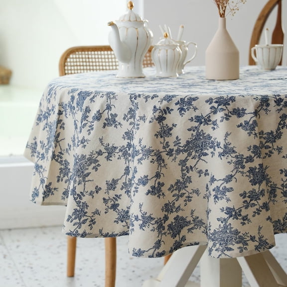 Verolix Blue Floral Round Tablecloth 60 Inch, Farmhouse Flower Polyester Table Cover for Dining Table Decor