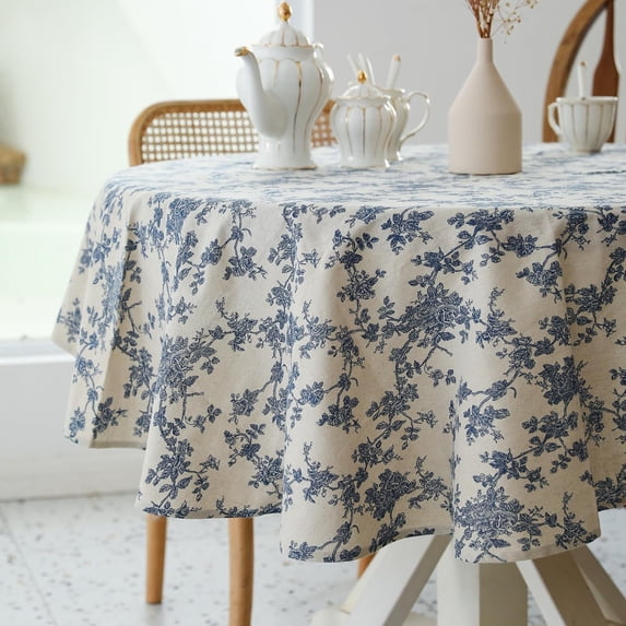 Verolix Blue Floral Round Tablecloth 60 Inch, Farmhouse Flower Polyester Table Cover for Dining Table Decor