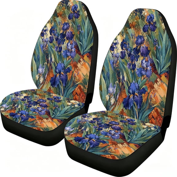 Verolix Blue Iris Floral Front Car Seat Covers 2 Pack, Mesh Fabric Universal Fit Seat Protectors, Artistic Wildflower Leaf Print Auto Interior Accessories for Cars SUVs Trucks Vans