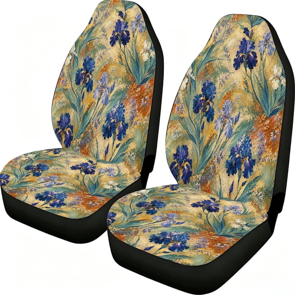 Verolix Blue Iris Meadow Front Car Seat Covers 2 Pack, Mesh Fabric Universal Fit Seat Protectors, Abstract Floral Leaf Print Auto Interior Accessories for Cars SUVs Trucks Vans Pickup Trucks