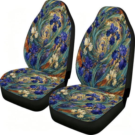 Verolix Blue Iris Swirl Front Car Seat Covers 2 Pack, Mesh Fabric Universal Fit Seat Protectors, Abstract Wildflower Leaf Print Auto Interior Accessories for Cars SUVs Trucks Vans Pickup Trucks