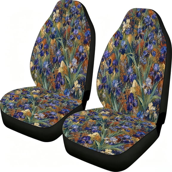 Verolix Blue Iris Wildflower Front Car Seat Covers 2 Pack, Mesh Fabric Universal Fit Seat Protectors, Artistic Floral Leaf Print Auto Interior Accessories for Cars SUVs Trucks Vans Pickup Trucks