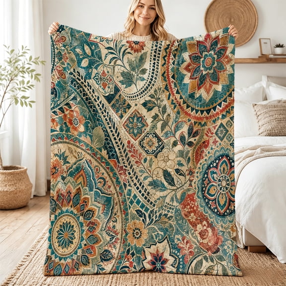 Verolix Bohemian Floral Paisley Mosaic Flannel Throw Blanket for Couch, Holiday Gift, 30" x 40"