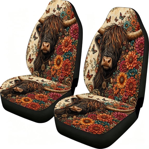 Verolix Boho Highland Cow Car Seat Covers 2 Pack, Mesh Fabric Front Seat Protectors, Floral Butterfly Print Universal Fit for Cars SUVs Trucks Vans, Rustic Auto Interior Accessories