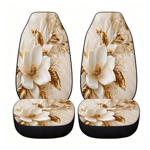 Verolix Bold Ivory Gold Magnolia Car Seat Covers, Front Seats Only Set of 2, Universal High Back Mesh Fabric Seat Covers for Cars, SUVs, Sedans and Vans