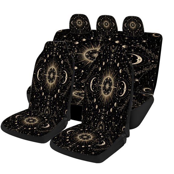 Verolix Celestial Car Seat Covers Full Set Mesh Fabric Universal Front and Rear Seat Covers Black Gold Sun Moon Phase Starry Sky Print Easy Install Auto Interior Accessories for Cars Suvs Trucks Vans