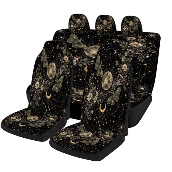 Verolix Celestial Moth Butterfly Car Seat Covers Full Set, Moon Floral Starry Automotive Seat Covers, Breathable Mesh Fabric Universal Fit Seat Protectors for Cars SUV Van Truck