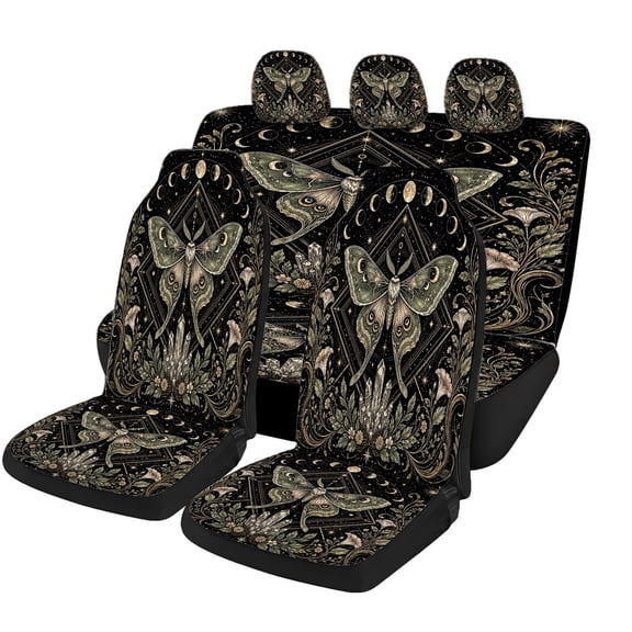 Verolix Celestial Moth Butterfly Car Seat Covers Full Set, Moon Phase Floral Starry Automotive Seat Covers, Breathable Mesh Fabric Universal Fit Seat Protectors for Cars SUV Van Truck Interior Decor