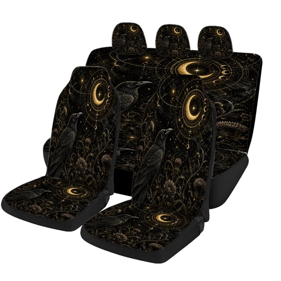 Verolix Celestial Raven Car Seat Covers 5-Piece Full Set, Mesh Fabric Universal Fit Automotive Seat Covers for Cars SUVs Trucks Vans, Black Gold Moon Star Interior Seat Protectors