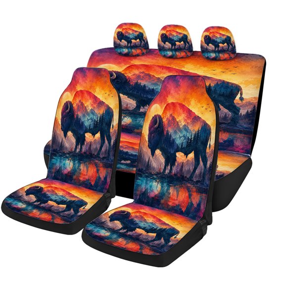 Verolix Colorful Bison Sunset Universal Car Seat Covers Full Set, Mesh Fabric Automotive Seat Cover Set with Mountain Lake Forest Landscape Pattern for Car SUV Van Truck Interior Protection