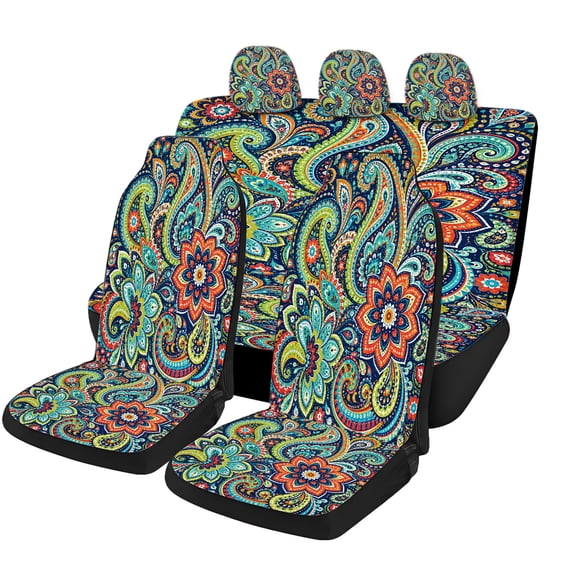 Verolix Colorful Paisley Car Seat Covers Full Set, Mesh Fabric Universal Fit Automotive Seat Covers for Cars SUVs Trucks Vans Sedans Pickups, Navy Blue Boho Floral Swirl Interior Accessories