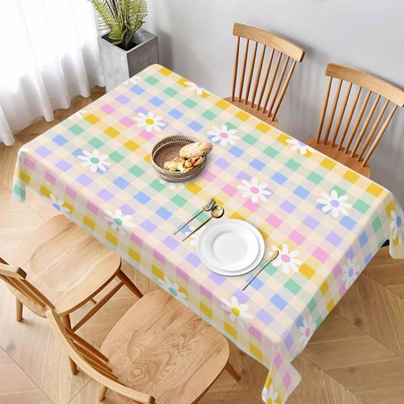 Verolix Daisy Floral Tablecloth 60 x 84 Inch Rectangular, Pastel Gingham Waterproof Table Cover, Colorful Decorative Table Cloth for Dining Kitchen Party Indoor Outdoor