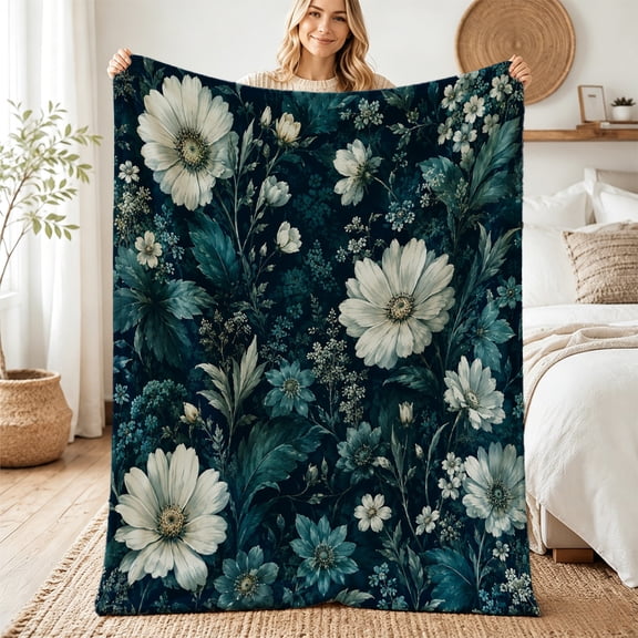 Verolix Dark Teal White Daisy Flannel Throw Blanket for Couch and Bed, Bestie Gift, 30" x 40"