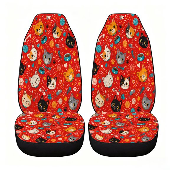 Verolix Decorative Red Lucky Cat Pattern Car Seat Covers, Front Seats Only Set of 2, Universal High Back Mesh Fabric Seat Covers for Cars, SUVs, Sedans and Vans
