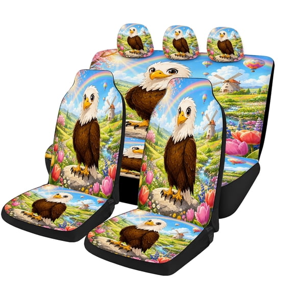 Verolix Eagle Rainbow Flower Field Car Seat Covers Full Set, Mesh Fabric Front and Rear Seat Protectors with Headrest Covers, Spring Scenic Auto Interior Accessories for Cars SUVs Vans and Trucks