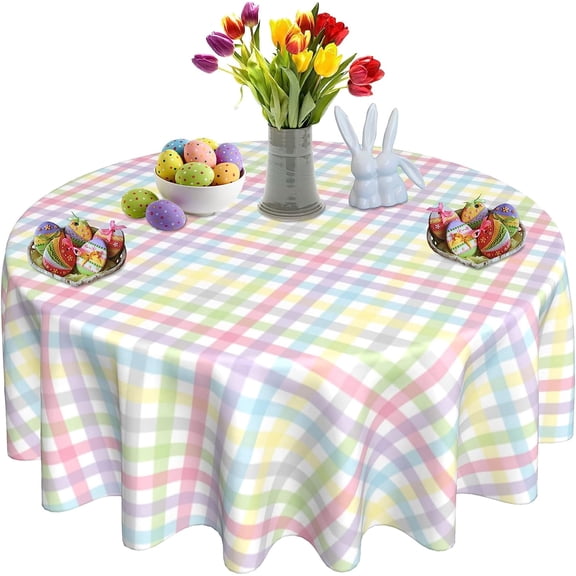 Verolix Easter Pastel Plaid Round Tablecloth 60 Inch, Colorful Spring Checkered Table Cover for Dining Table Decor