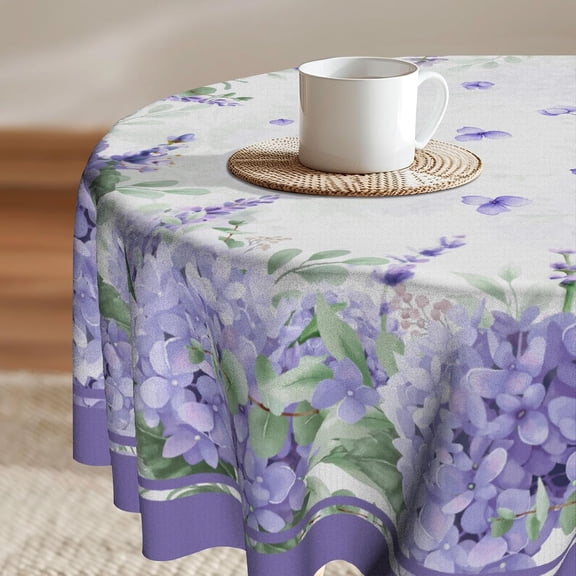 Verolix 60 Inch Round Tablecloth, Purple Hydrangea Floral Pattern Polyester Table Cover for Dining Kitchen Party Seasonal Everyday Home Decor