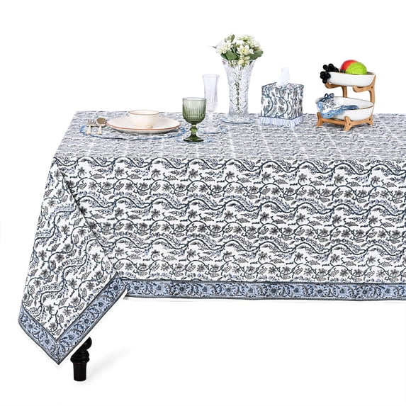 Verolix Floral Tablecloth 60 x 60 Inch Square, Blue White Pattern Table Cover, Waterproof Washable Wrinkle Resistant Polyester Fabric for Dining Kitchen Indoor Outdoor Use