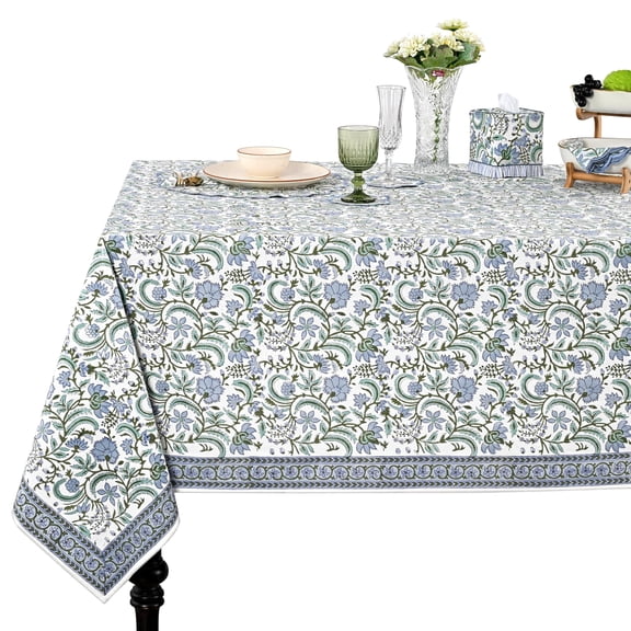 Verolix Floral Tablecloth 60 x 60 Inch Square, Blue White Pattern Table Cover, Waterproof Washable Wrinkle Resistant Polyester Fabric for Dining Kitchen Indoor Outdoor Use