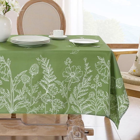 Verolix Floral Tablecloth 60 x 84 Inch Rectangle, Beige Botanical Line Pattern Table Cover, Waterproof Washable Wrinkle Resistant Fabric for Dining Room Kitchen Indoor Outdoor Decor