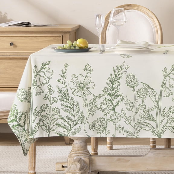 Verolix Floral Tablecloth 60 x 84 Inch Rectangle, Beige Botanical Line Pattern Table Cover, Waterproof Washable Wrinkle Resistant Fabric for Dining Room Kitchen Indoor Outdoor Decor
