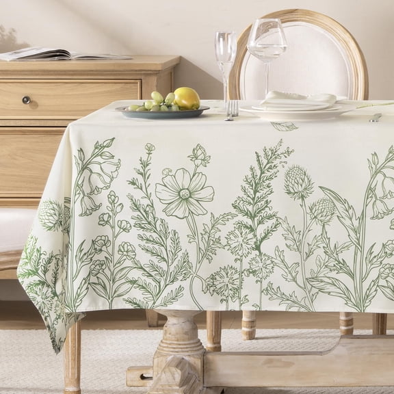 Verolix Floral Tablecloth 60 x 84 Inch Rectangle, Beige Botanical Line Pattern Table Cover, Waterproof Washable Wrinkle Resistant Fabric for Dining Room Kitchen Indoor Outdoor Decor