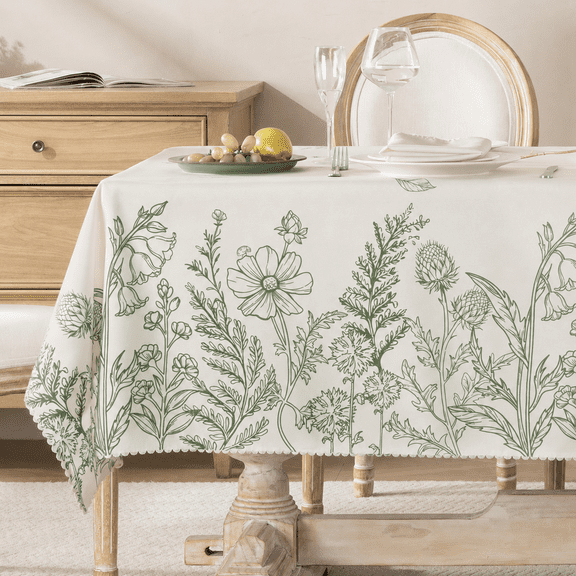 Verolix Floral Tablecloth 60 x 84 Inch Rectangle, Beige Botanical Line Pattern Table Cover, Waterproof Washable Wrinkle Resistant Fabric for Dining Room Kitchen Indoor Outdoor Decor