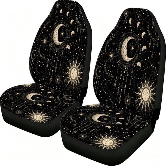 Verolix Front Car Seat Covers 2 Pack, Black Gold Celestial Moon Star Sun Print Mesh Fabric Universal Bucket Seat Covers for Cars SUVs Trucks Vans
