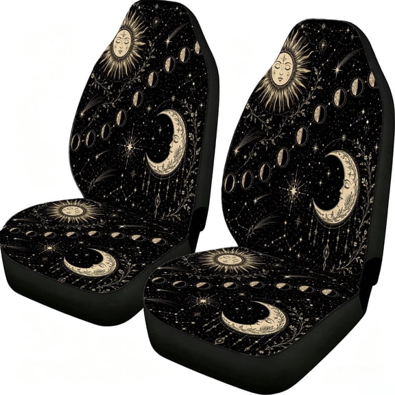 Verolix Front Car Seat Covers 2 Pack, Black Gold Sun Moon Star Print Mesh Fabric Universal Bucket Seat Covers for Cars SUVs Trucks Vans