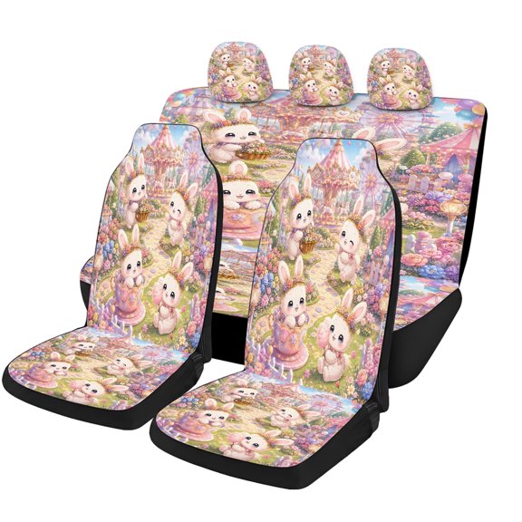 Verolix Full Set Car Seat Covers, Cute Rabbit Carnival Floral Amusement Park Design, Universal Fit Front and Rear Automotive Seat Protectors, Breathable Mesh Fabric for Cars SUVs Trucks Vans