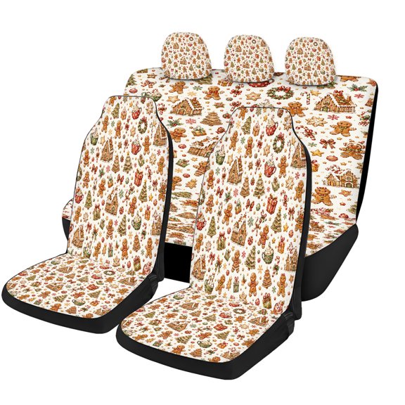 Verolix Gingerbread Cookie Holiday Universal Car Seat Covers Full Set, Mesh Fabric Auto Seat Cover Set with Gingerbread House Candy Cane Ornament Print for Cars SUVs Trucks Vans Rear Bench