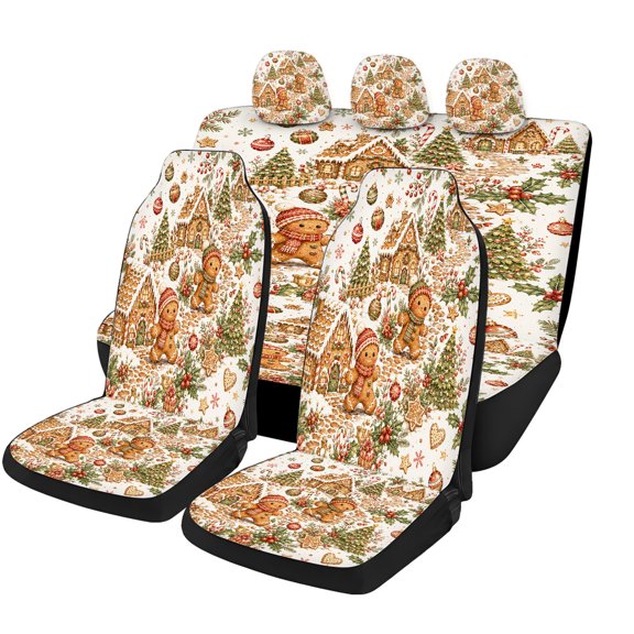 Verolix Gingerbread Village Holiday Universal Car Seat Covers Full Set, Mesh Fabric Auto Seat Cover Set with Front Bucket Covers, Rear Bench Cover and 3 Headrest Covers for Cars SUVs Trucks Vans