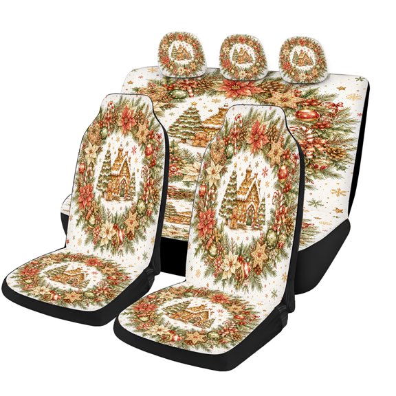 Verolix Gingerbread Wreath Holiday Universal Car Seat Covers Full Set, Mesh Fabric Auto Seat Cover Set with Front Bucket Covers, Rear Bench Cover and 3 Headrest Covers for Cars SUVs Trucks Vans