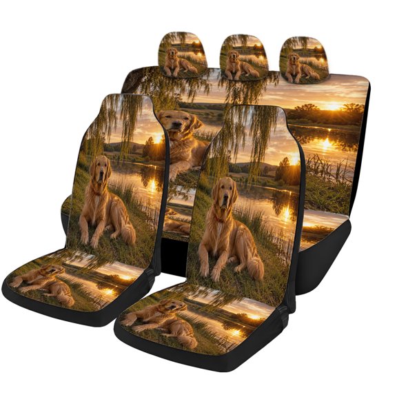 Verolix Golden Retriever Lakeside Sunset Car Seat Covers Full Set, Nature Dog Print Breathable Mesh Fabric Universal Fit Interior Seat Protectors for Cars SUVs Trucks Vans, Daily Driving