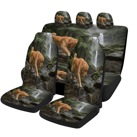 Verolix Golden Retriever Mossy Forest Car Seat Covers Full Set, Waterfall Dog Design Breathable Mesh Fabric Universal Fit Automotive Interior Protectors for Cars SUVs Trucks Vans, Daily Driving