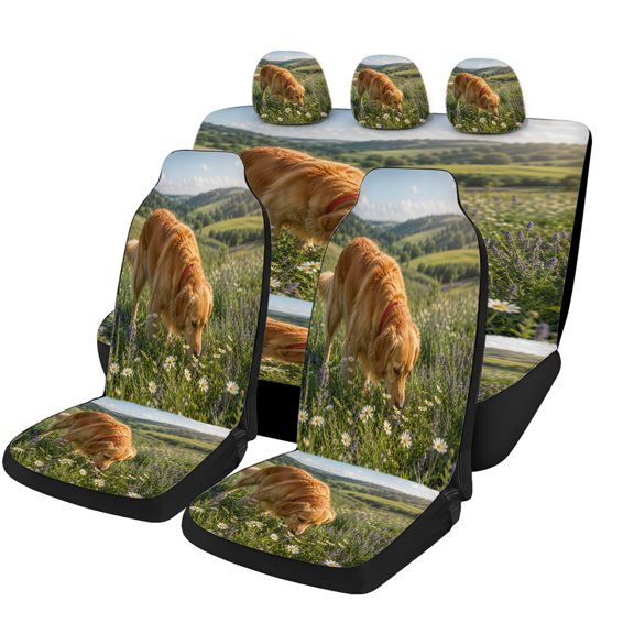 Verolix Golden Retriever Wildflower Meadow Car Seat Covers Full Set, Dog Scenic Print Breathable Mesh Fabric Universal Fit Automotive Seat Protectors for Cars SUVs Trucks Vans, Daily Travel