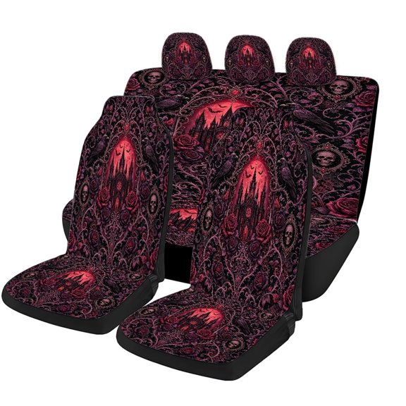 Verolix Gothic Car Seat Covers 5 Piece Set, Dark Castle Skull Rose Bat Print Mesh Fabric Auto Seat Protectors, Universal Fit Front and Rear Car Interior Covers for Halloween Decor, Sedan SUV Truck